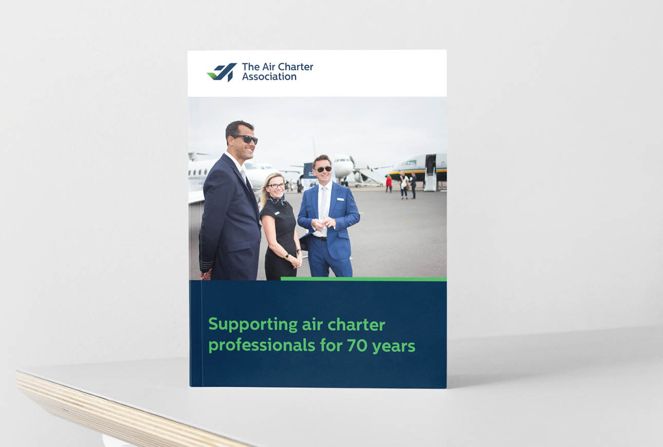 Printed brochure cover for The Air Charter Association promoting 70 years of supporting air charter professionals.
