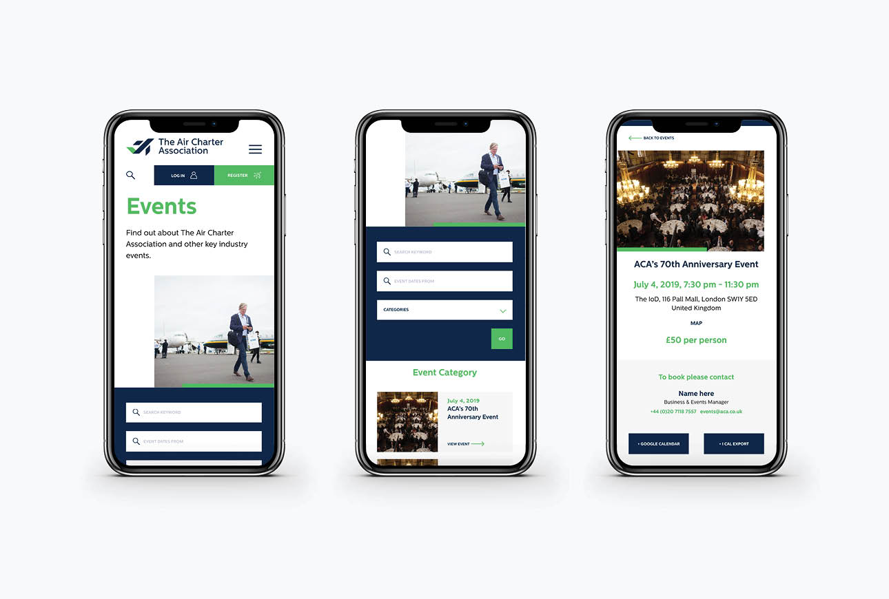 Mobile screens displaying The Air Charter Association events listings and event detail pages.