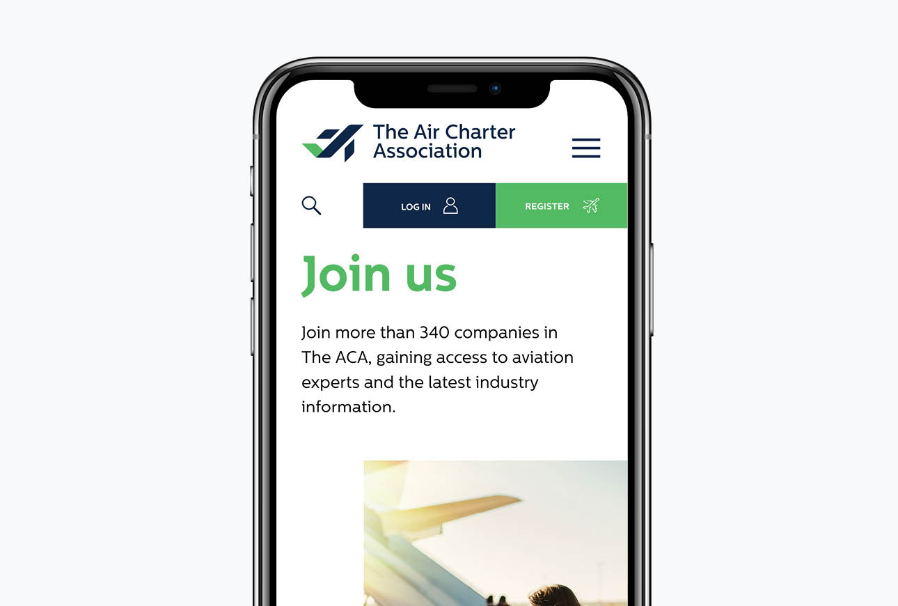 Mobile page encouraging users to join The Air Charter Association with clear calls to action.