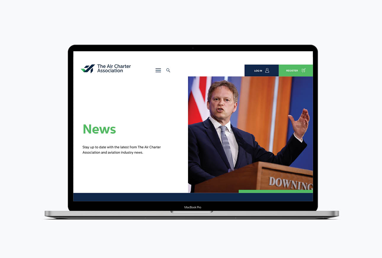 Website news section layout for The Air Charter Association featuring industry updates and editorial content.
