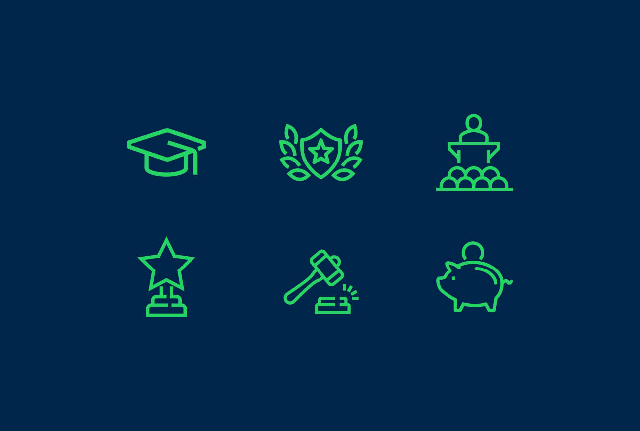 Custom icon set illustrating training, standards, advocacy, events and industry support services.