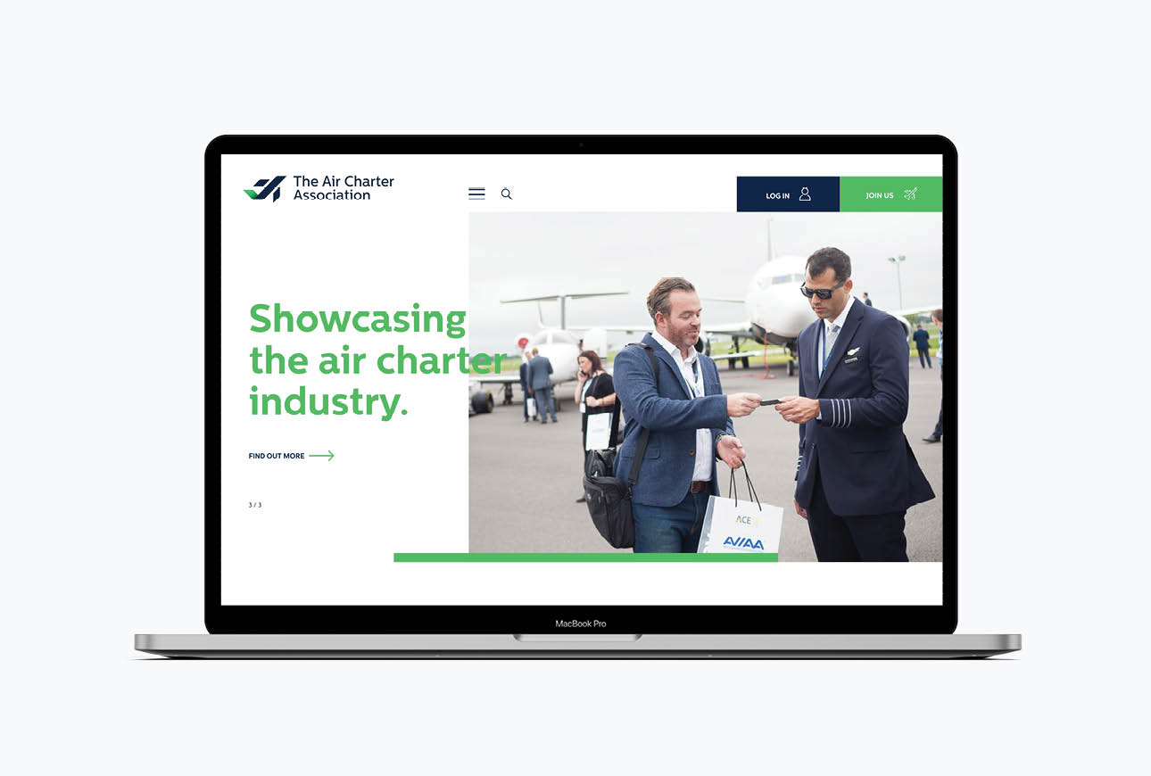 Laptop mockup displaying The Air Charter Association website homepage showcasing the air charter industry.