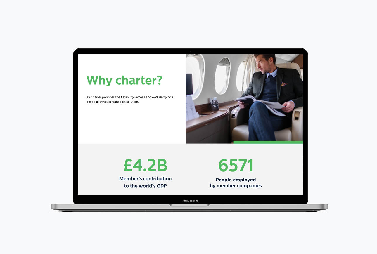 Website content section explaining the benefits of air charter with supporting imagery and statistics.