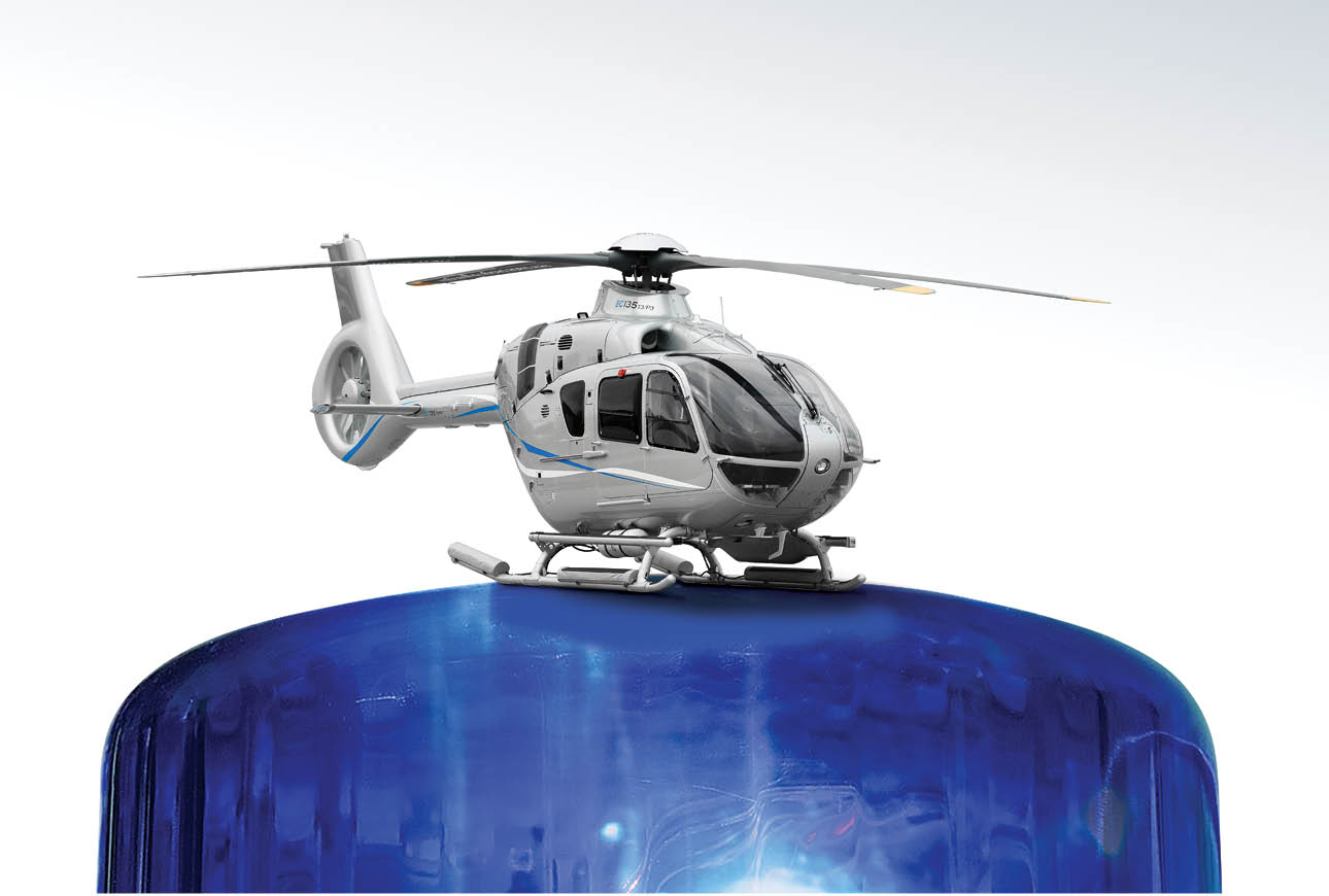 Airbus Helicopters EC135 helicopter model displayed on a blue siren, modern light utility aircraft design