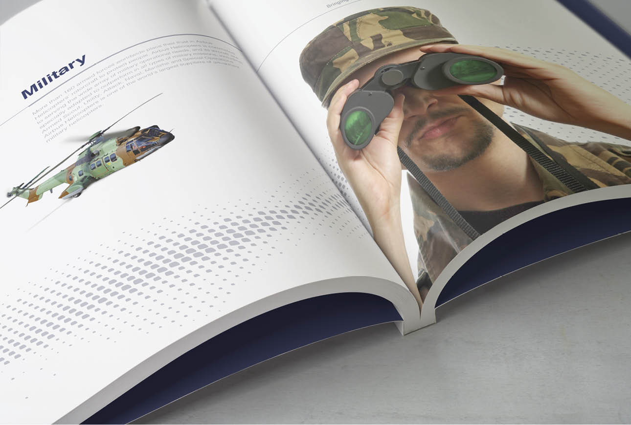 Airbus Helicopters military helicopter brochure spread with soldier using binoculars, defense aviation content
