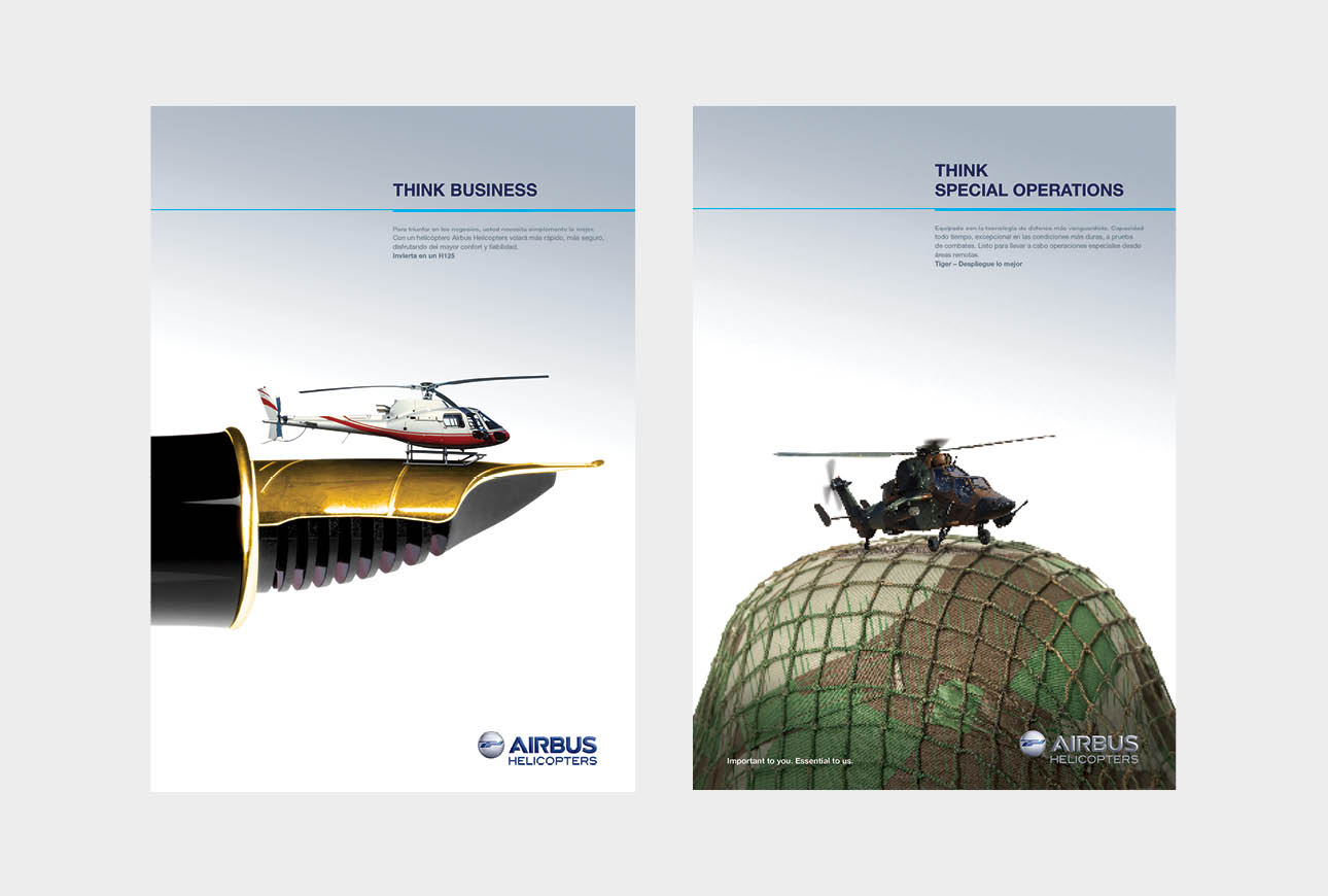 Airbus Helicopters business and special operations adverts featuring helicopter on spoon and military aircraft branding visuals