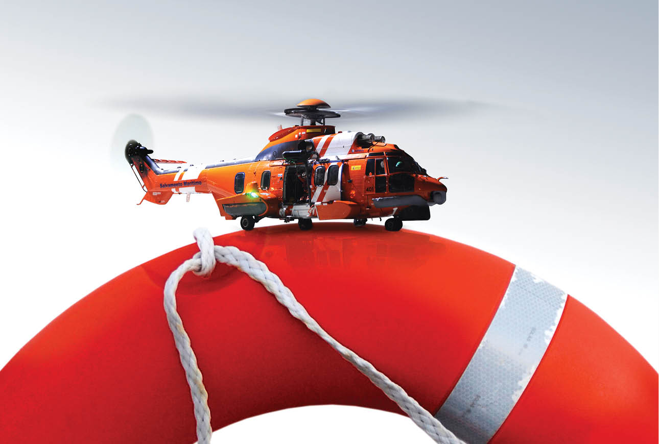 Airbus search and rescue helicopter on lifebuoy symbolising emergency response and lifesaving aviation services