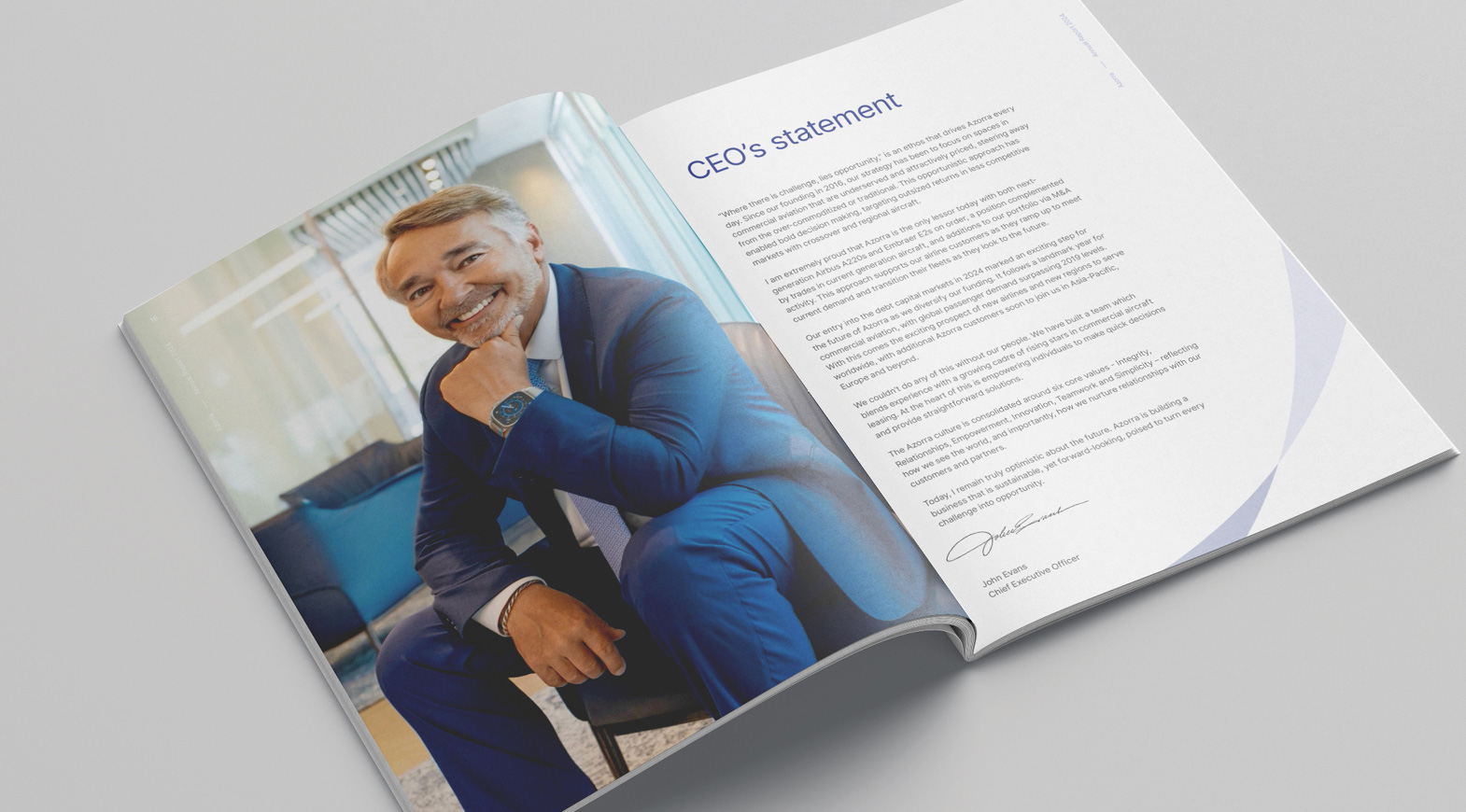 Open annual report showing a CEO statement layout with portrait photography and structured editorial design.