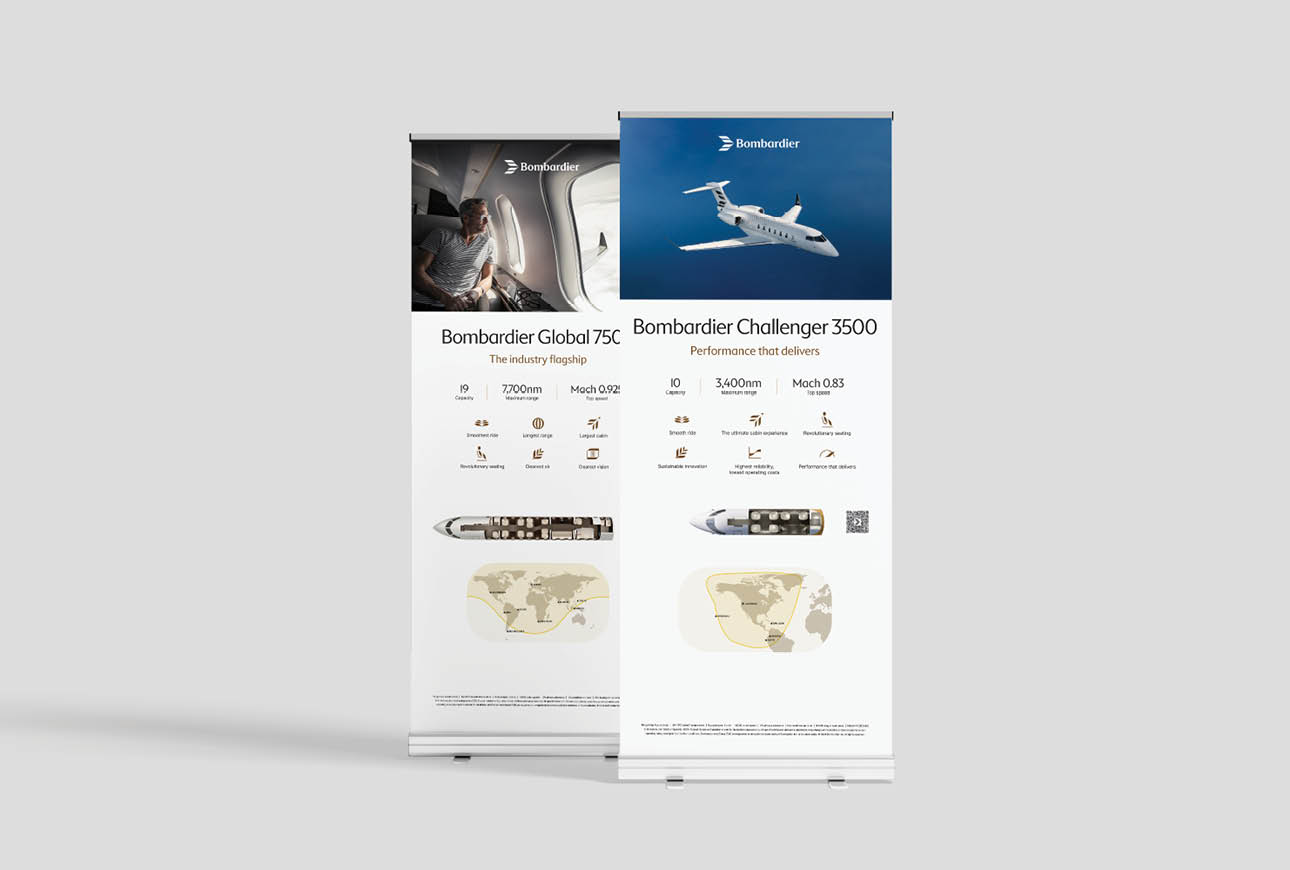 Roll‑up banners showcasing Bombardier Global and Challenger aircraft specifications and performance.