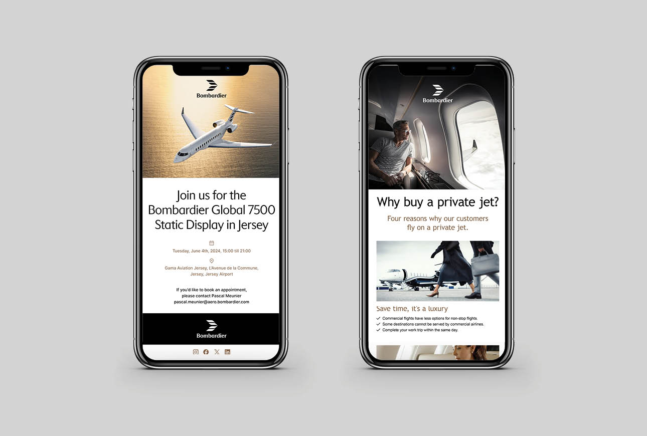 Smartphones displaying Bombardier private jet email marketing and promotional digital content.