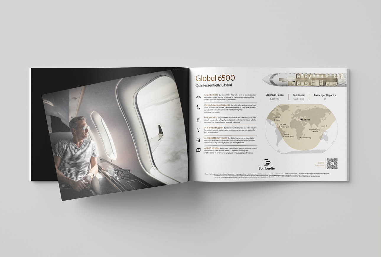 Open brochure spread showcasing Bombardier Global 6500 cabin imagery and aircraft specifications.