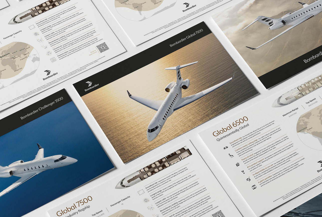 Printed brochure layouts featuring Bombardier Global aircraft images and technical details.