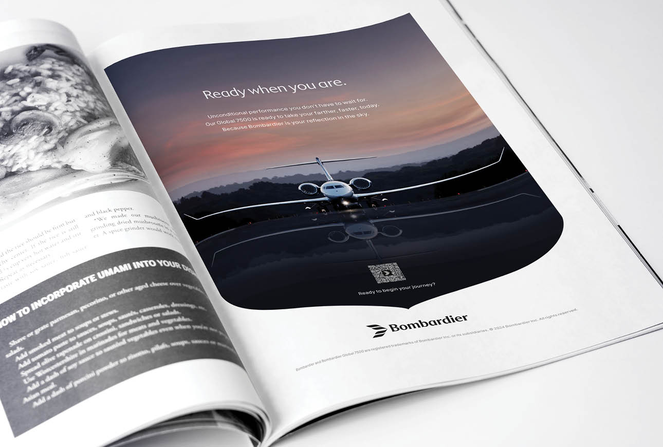Magazine advertisement featuring a Bombardier private jet on a runway at dusk.