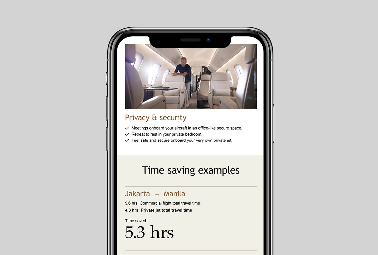 Mobile screen displaying Bombardier content highlighting privacy, security, and time savings of private jet travel.