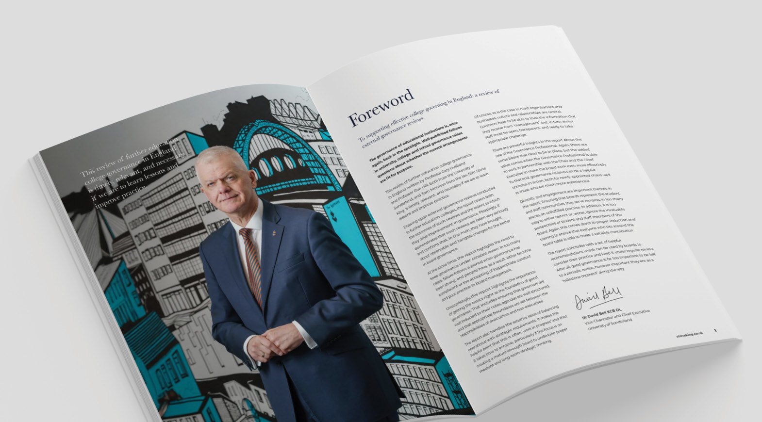 Open brochure showing the foreword page of a college governance report alongside a formal portrait of a senior education leader and governance commentary text.