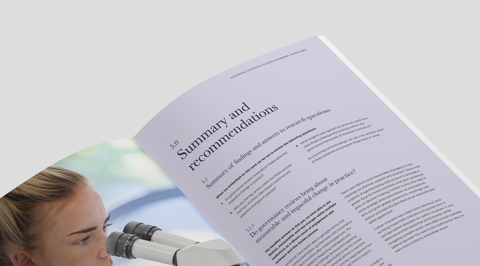 Brochure page titled “Summary and recommendations” from a college governance report, presenting structured findings on governance effectiveness in England.