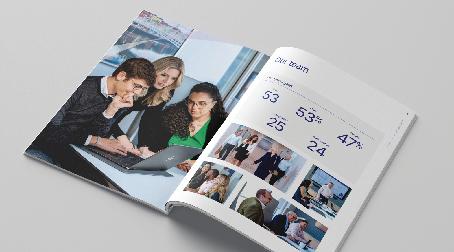 Annual report spread highlighting team culture and workforce data through photography, infographics and corporate design.