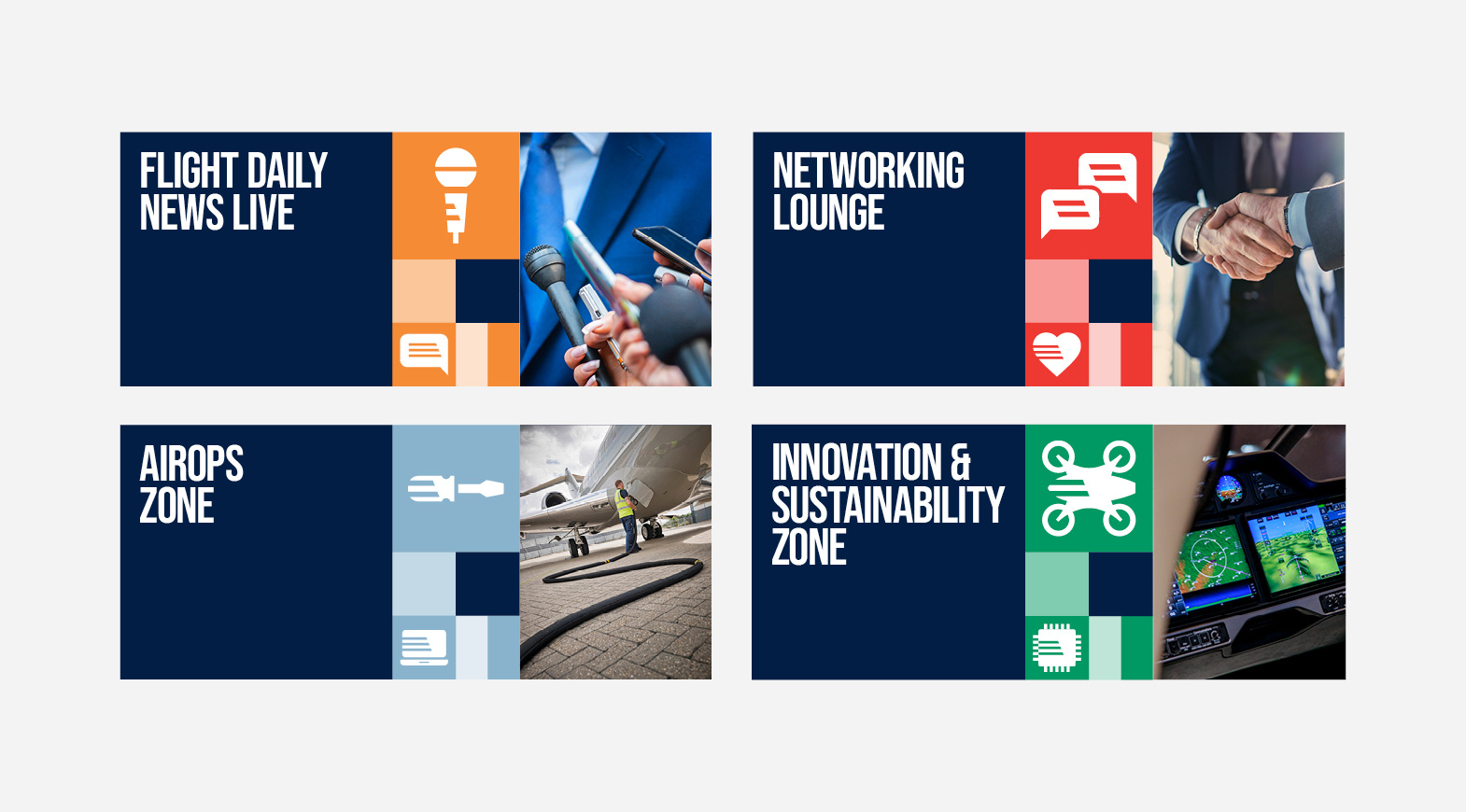 EBACE 2025 event zones including networking lounge, innovation and sustainability, flight daily news and AIROPS
