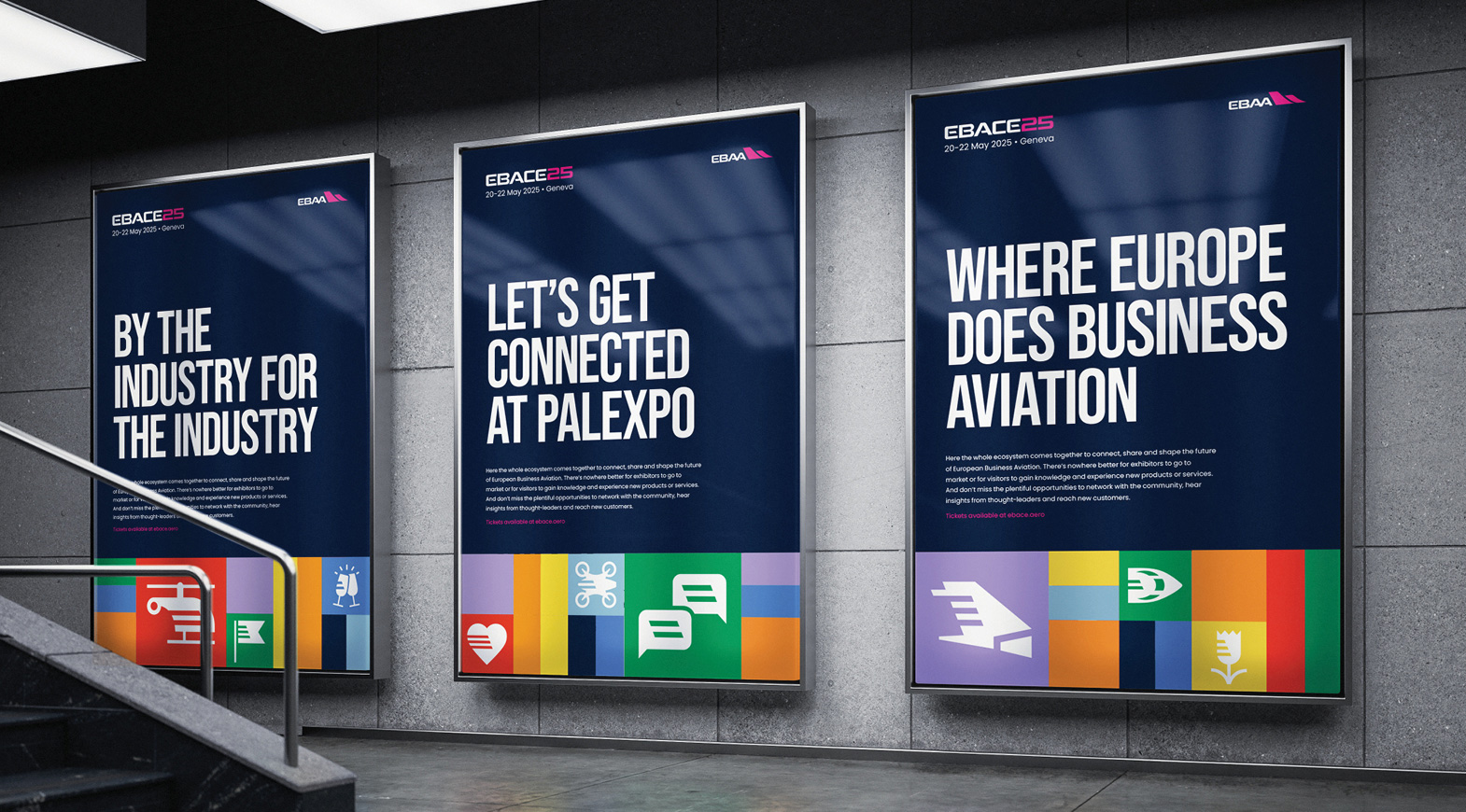 EBACE 2025 posters promoting business aviation networking event at Palexpo Geneva