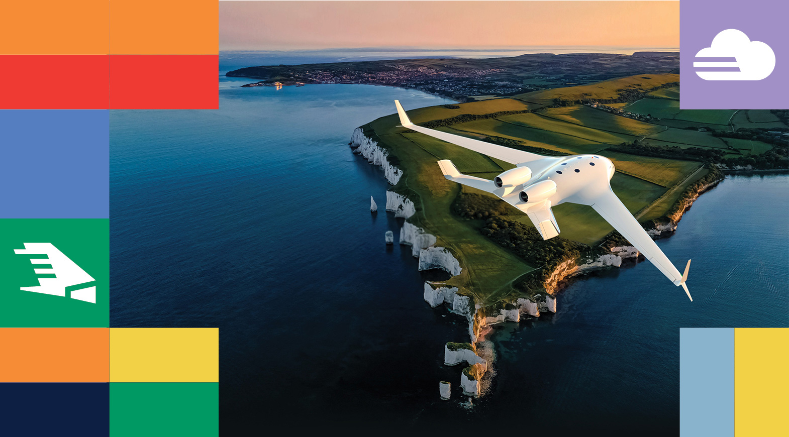 Futuristic Business jet flying over coastline with EBACE25 branded graphic overlay