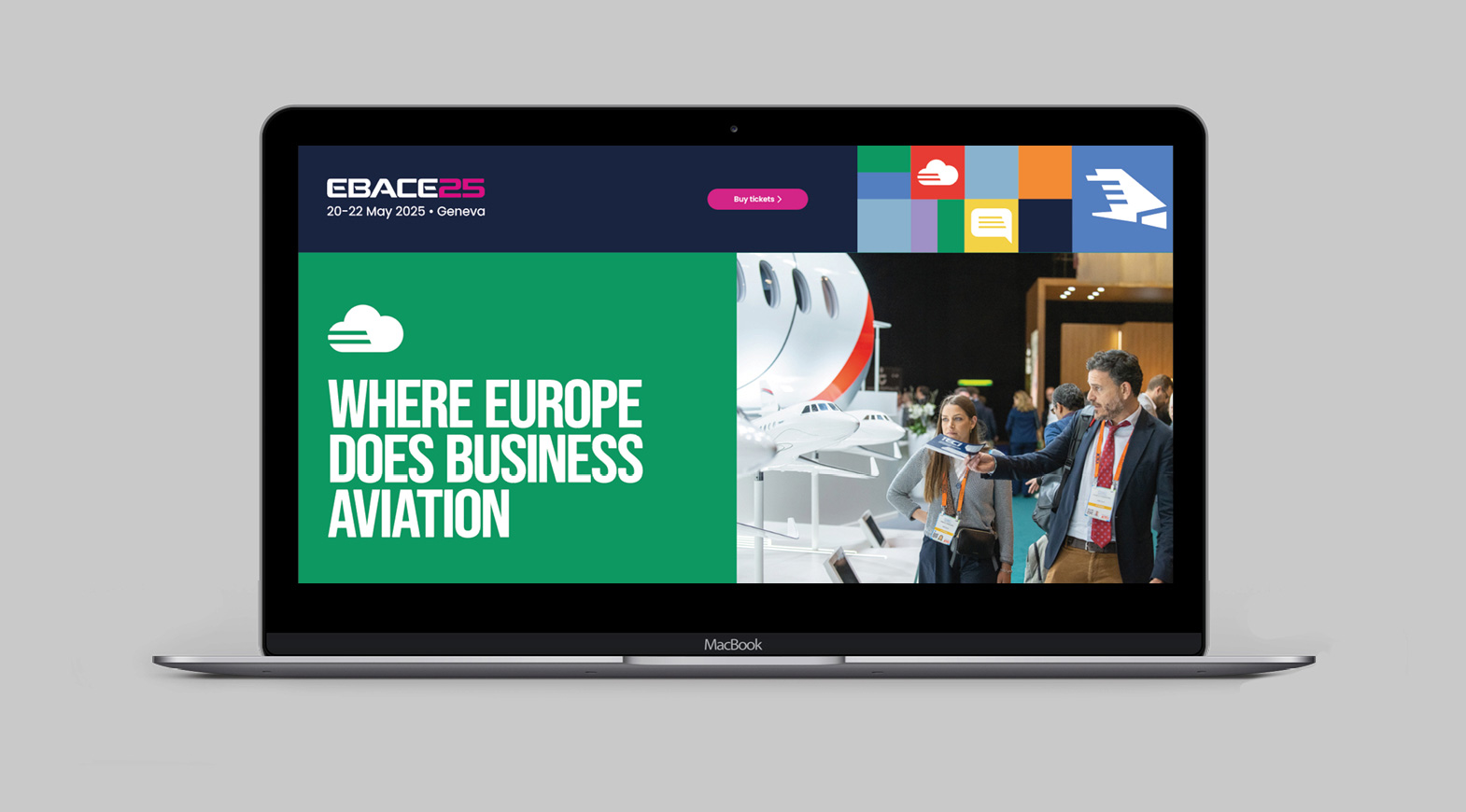 EBACE25 website homepage design displayed on laptop with aviation messaging