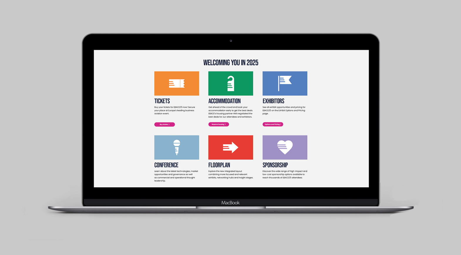 EBACE25 website interface showcasing event information and navigation sections