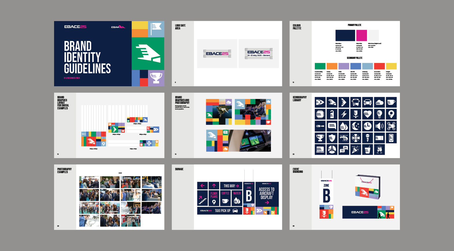 EBACE25 brand identity guidelines including typography, colour palette and iconography