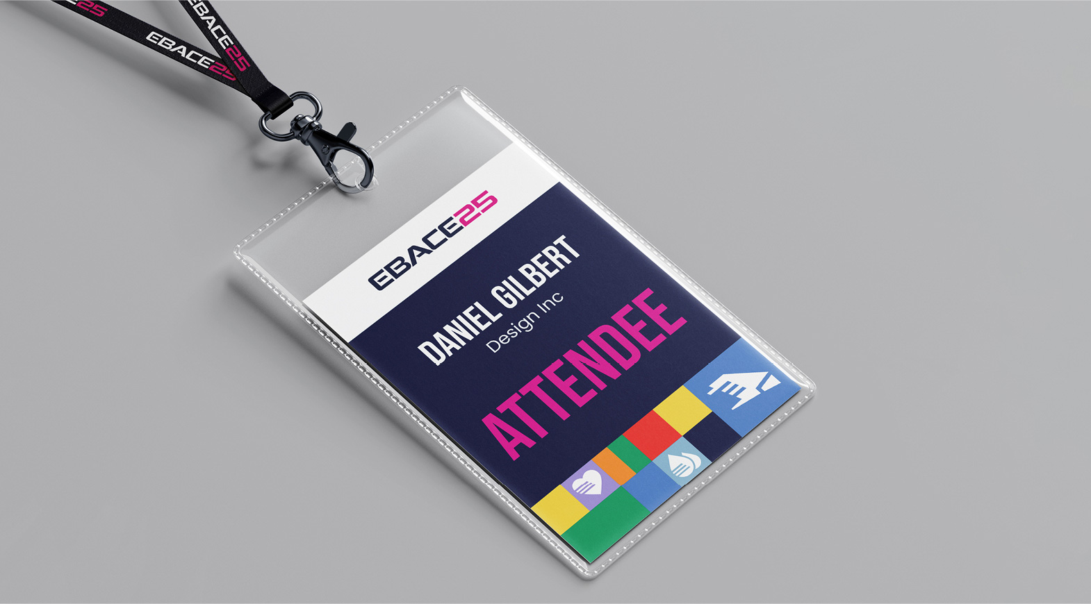EBACE25 attendee badge design with bold event branding and colour system
