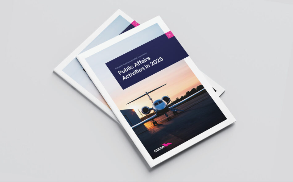 Cover of the EBAA Public Affairs Activities in 2025 report featuring a business jet on a runway at sunset