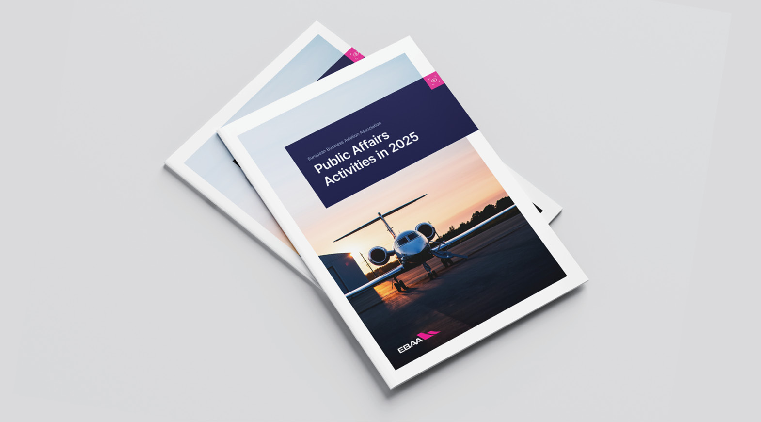 Cover of the EBAA Public Affairs Activities in 2025 report featuring a business jet on a runway at sunset