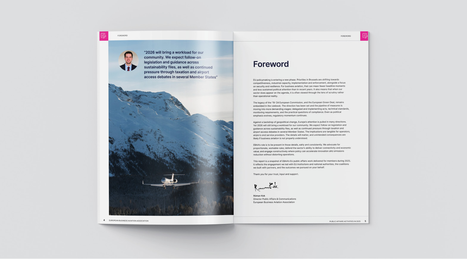 Foreword section of the EBAA Public Affairs Activities report showing a business aircraft flying over mountainous terrain