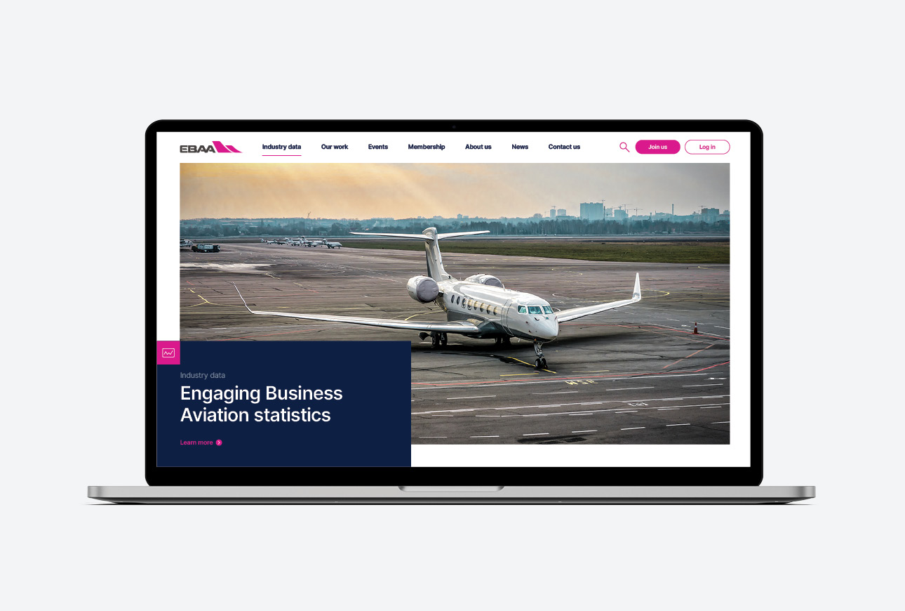 Full website design presentation for European Business Aviation Association highlighting modern UX, accessibility and aviation branding