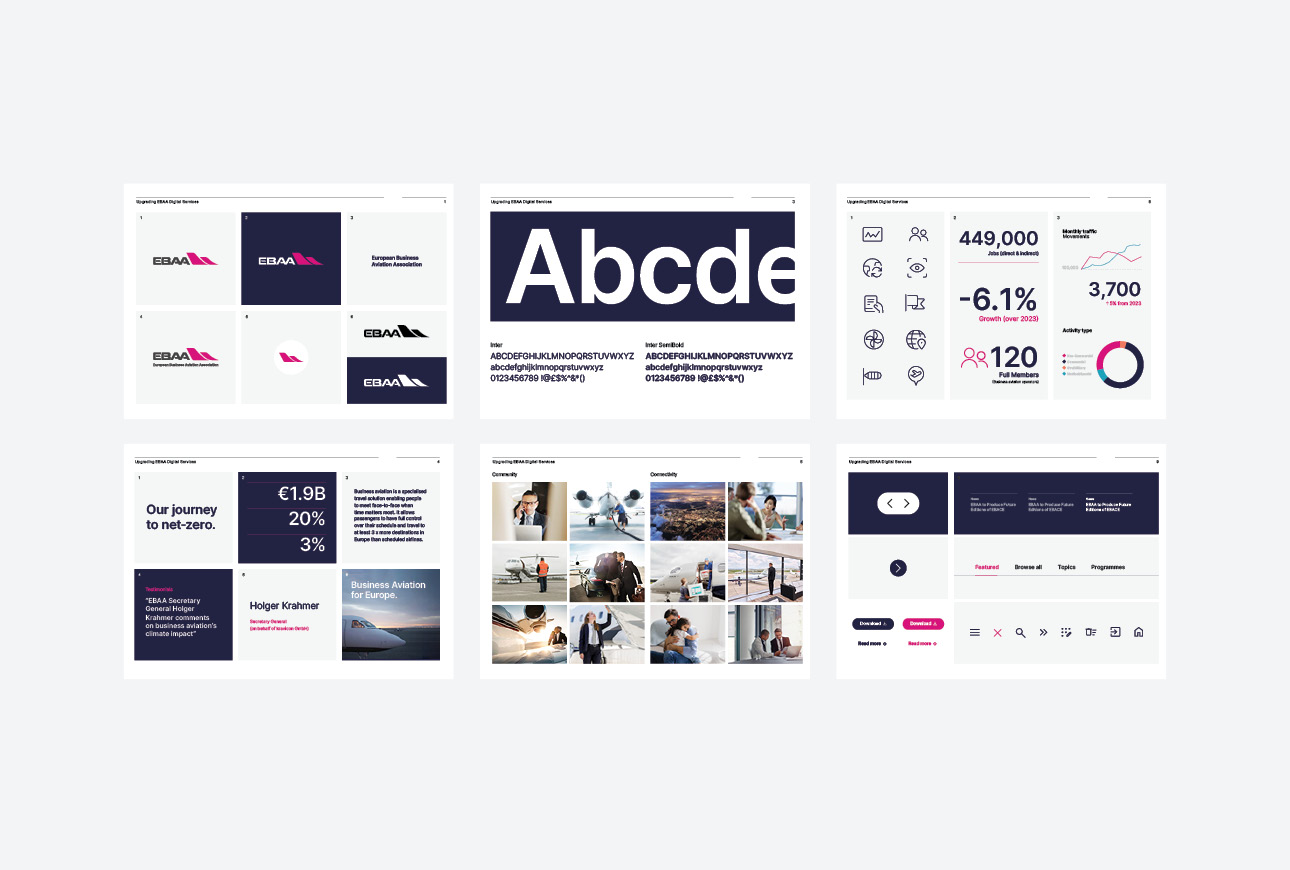 EBAA Brand Guidelines and user interface elements from EBAA website including buttons, navigation menus and content blocks designed for usability and accessibility
