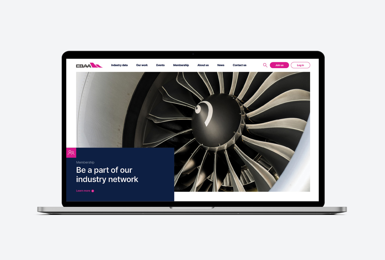 EBAA website homepage design on desktop featuring structured layout, aviation visuals and clear content hierarchy for users
