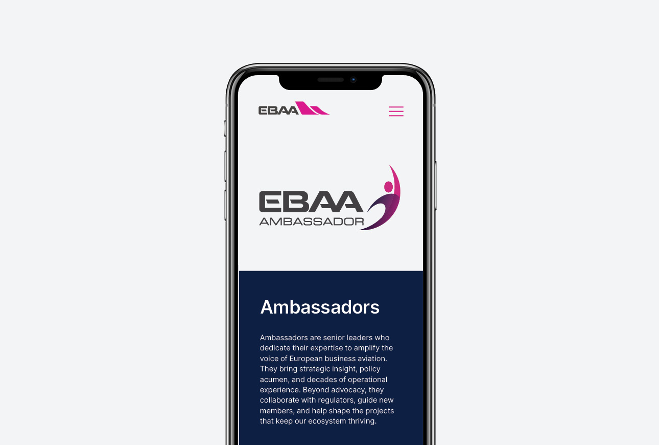 Responsive mobile version of EBAA website showing optimised layout, navigation and user experience across devices of the EBAA Ambassadors inititive