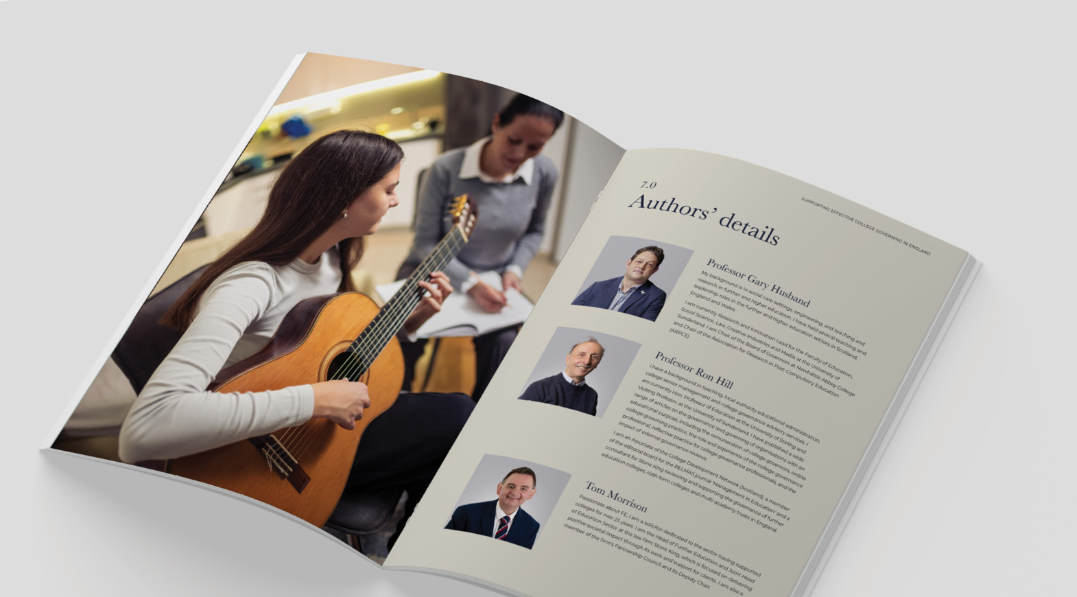 Authors’ details page from an education governance report with contributor biographies alongside a practical further education learning environment.