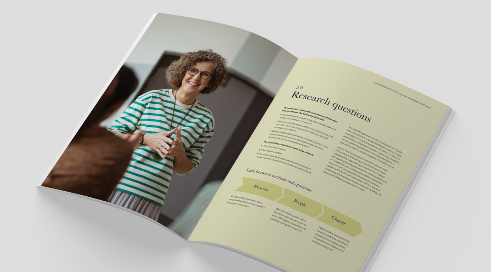Open brochure page showing research questions on college governance alongside a facilitator speaking to a small group in an educational setting.