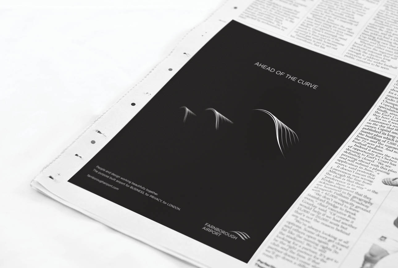 Farnborough Airport Ahead of the Curve magazine advert with minimalist branding design