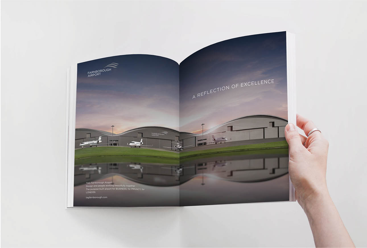 Farnborough Airport brochure featuring reflection of excellence campaign and hangar imagery