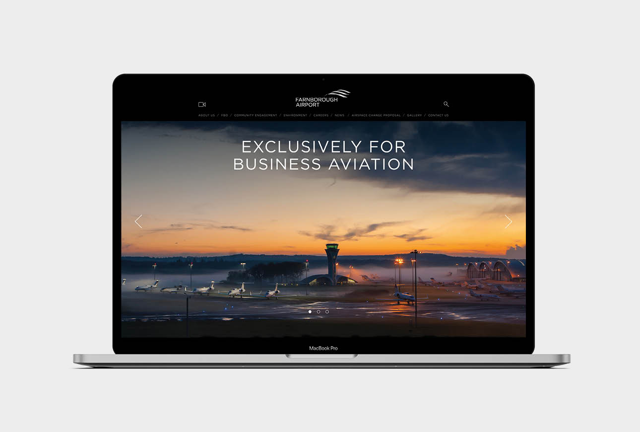 Farnborough Airport business aviation runway at sunset shown on website design