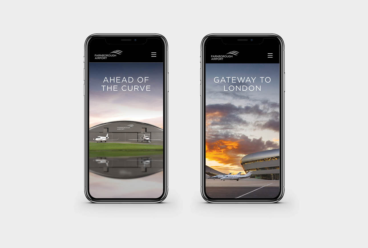 Farnborough Airport mobile website design showing Ahead of the Curve and Gateway to London campaigns