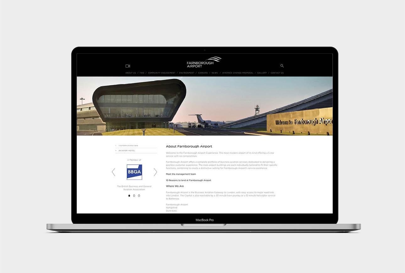 Farnborough Airport terminal architecture featured on website About page design