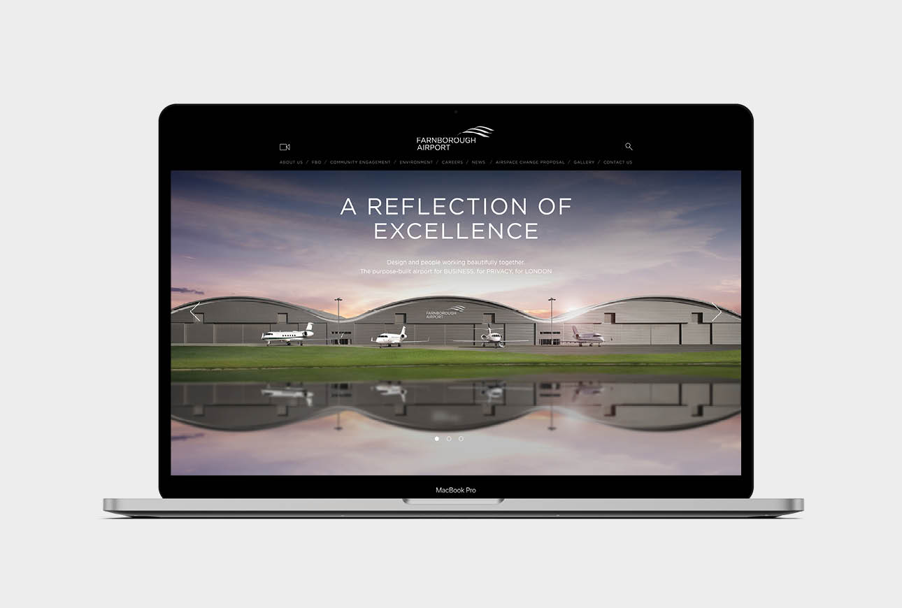 Farnborough Airport website design displayed on laptop showing luxury terminal and aircraft