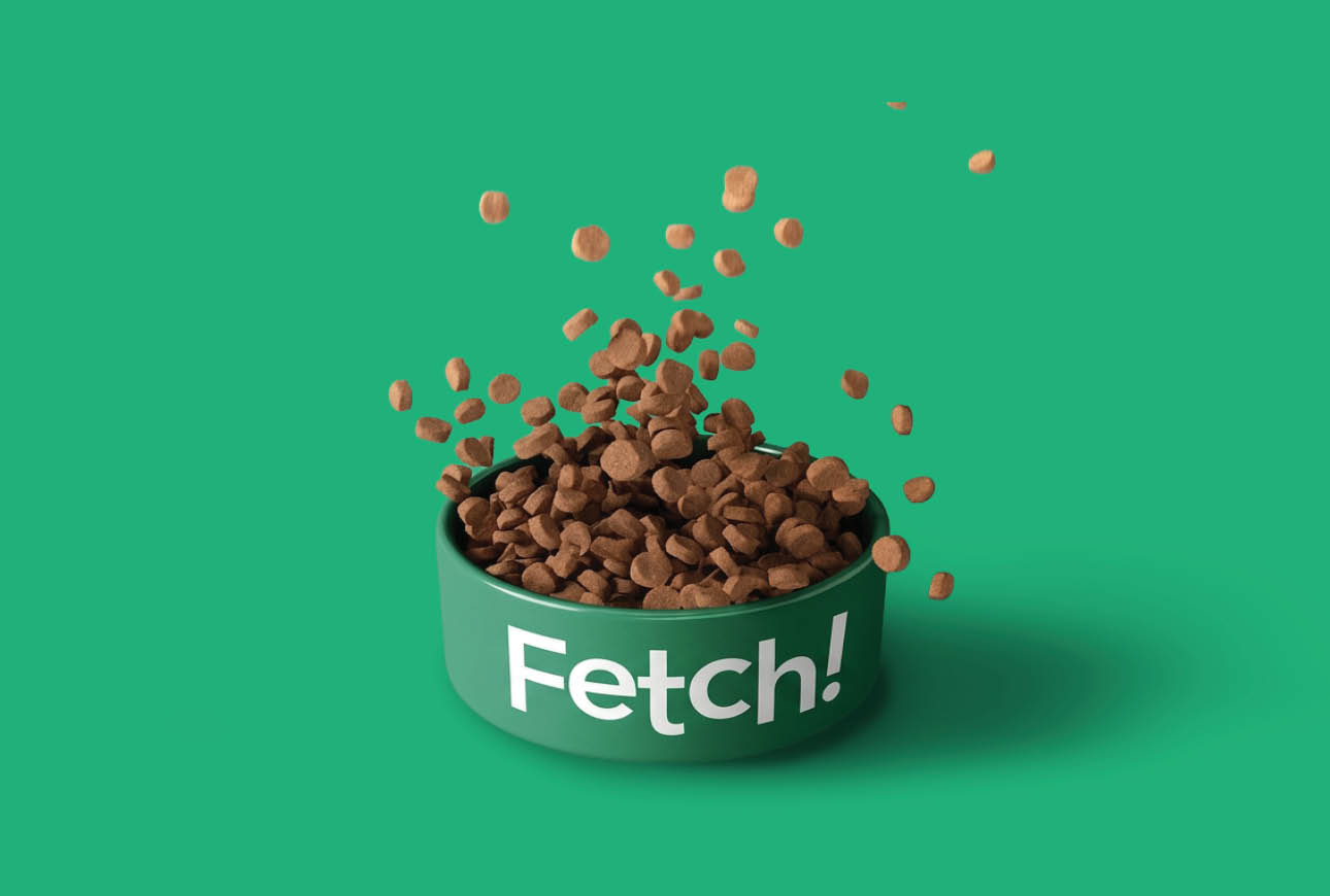 Dog food falling into a green bowl branded with the Fetch logo