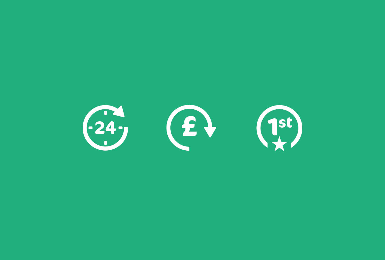 White icons representing 24‑hour service, affordability and top quality on green background