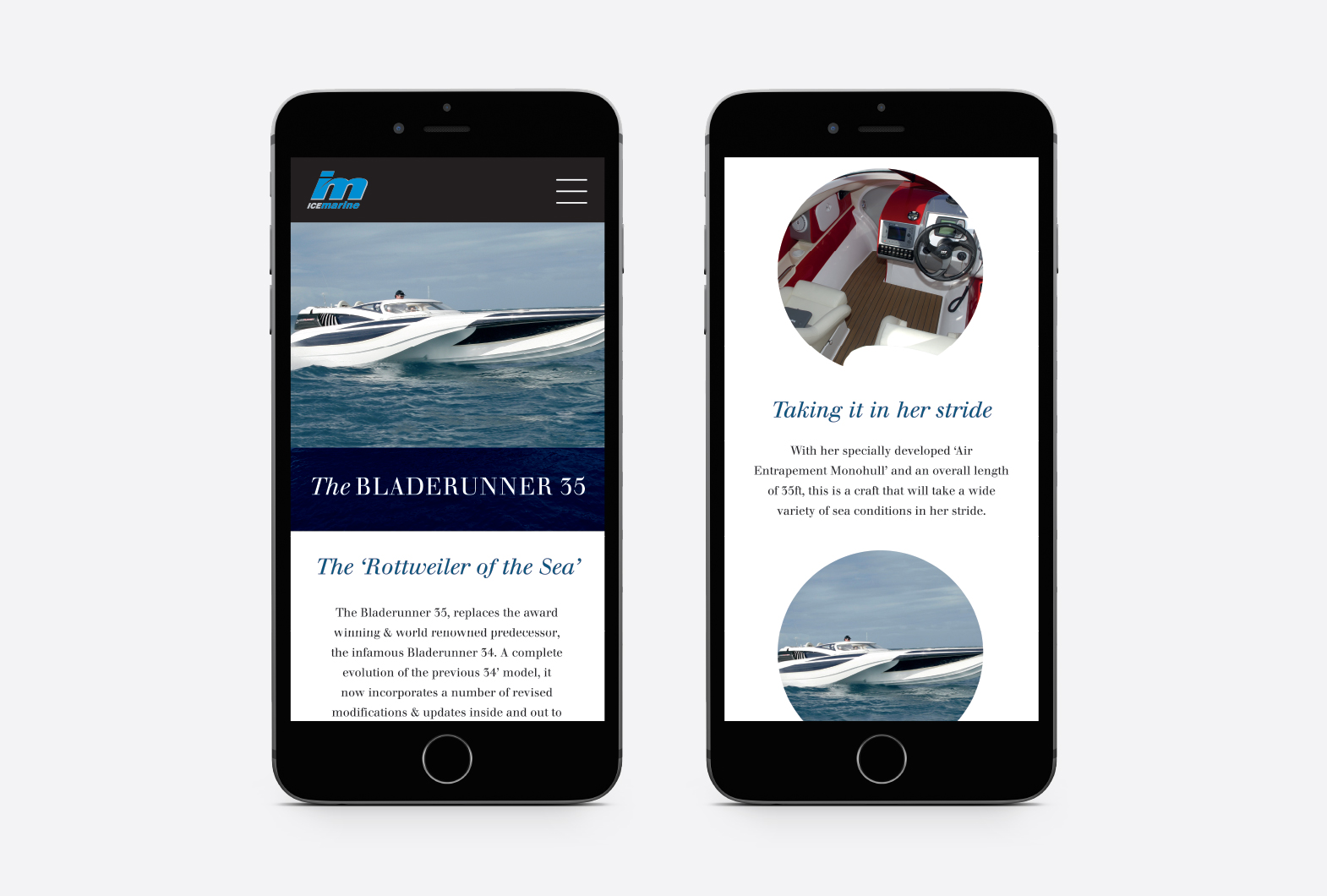 Ice Marine powerboat website design on mobile phone