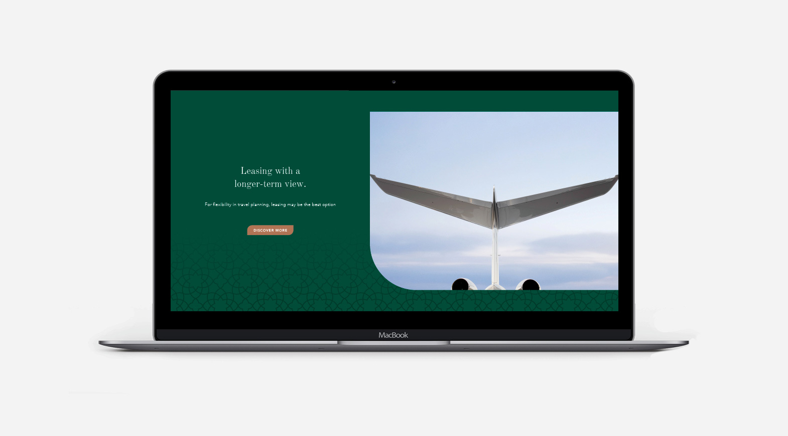 Private jet tail view with leasing message on luxury aviation website design