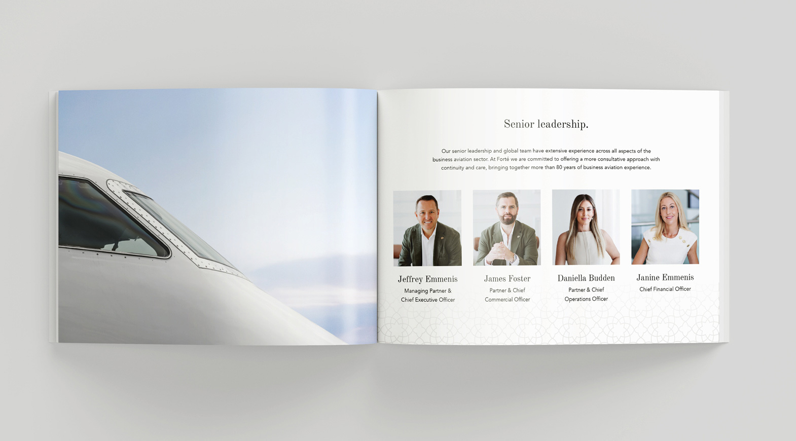 Corporate brochure featuring senior leadership profiles in private aviation company