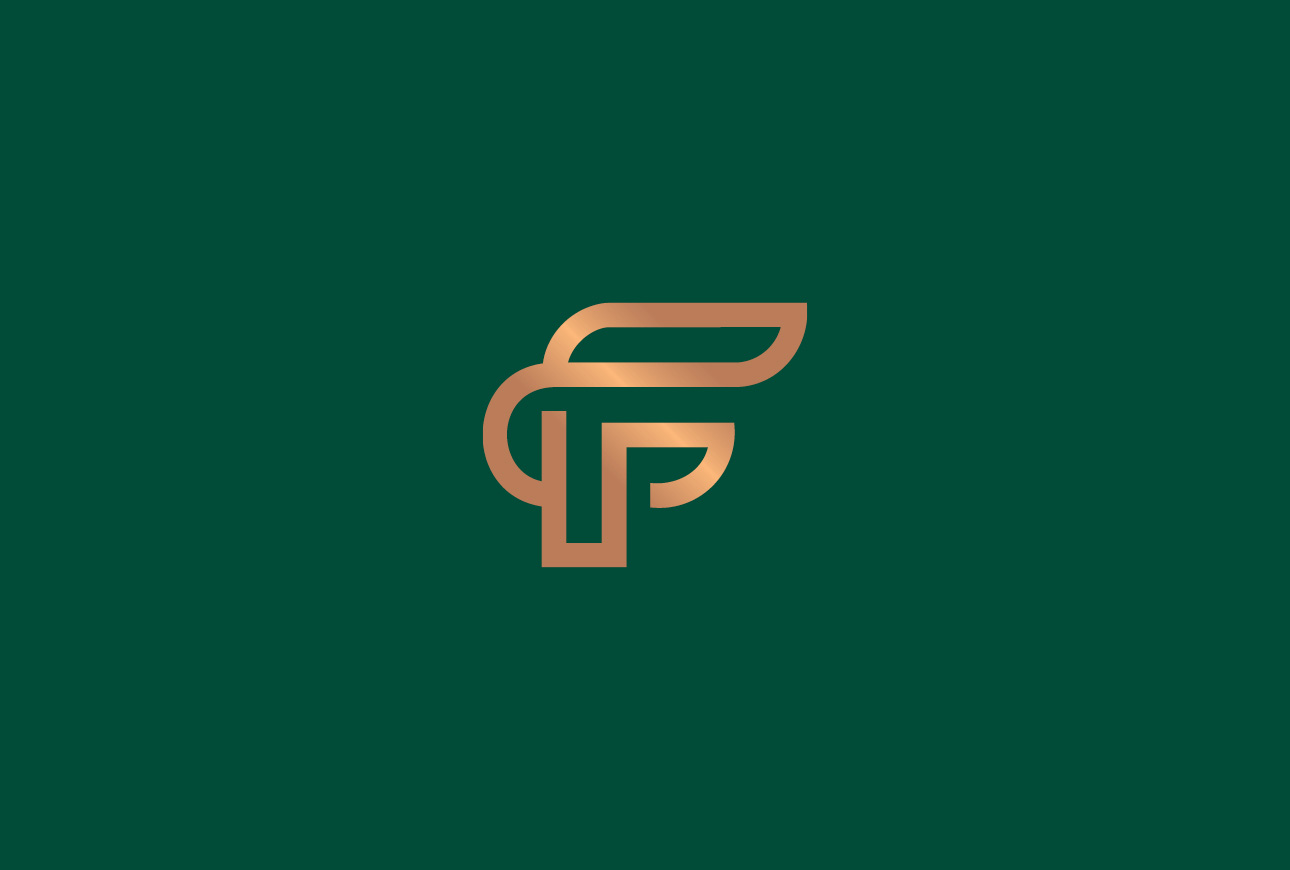 Forte aviation logo in gold on deep green background, premium private jet brand identity