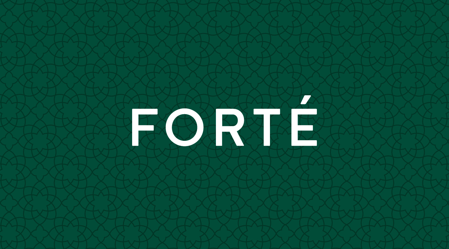 Forté branding with geometric luxury pattern background in green and gold tones